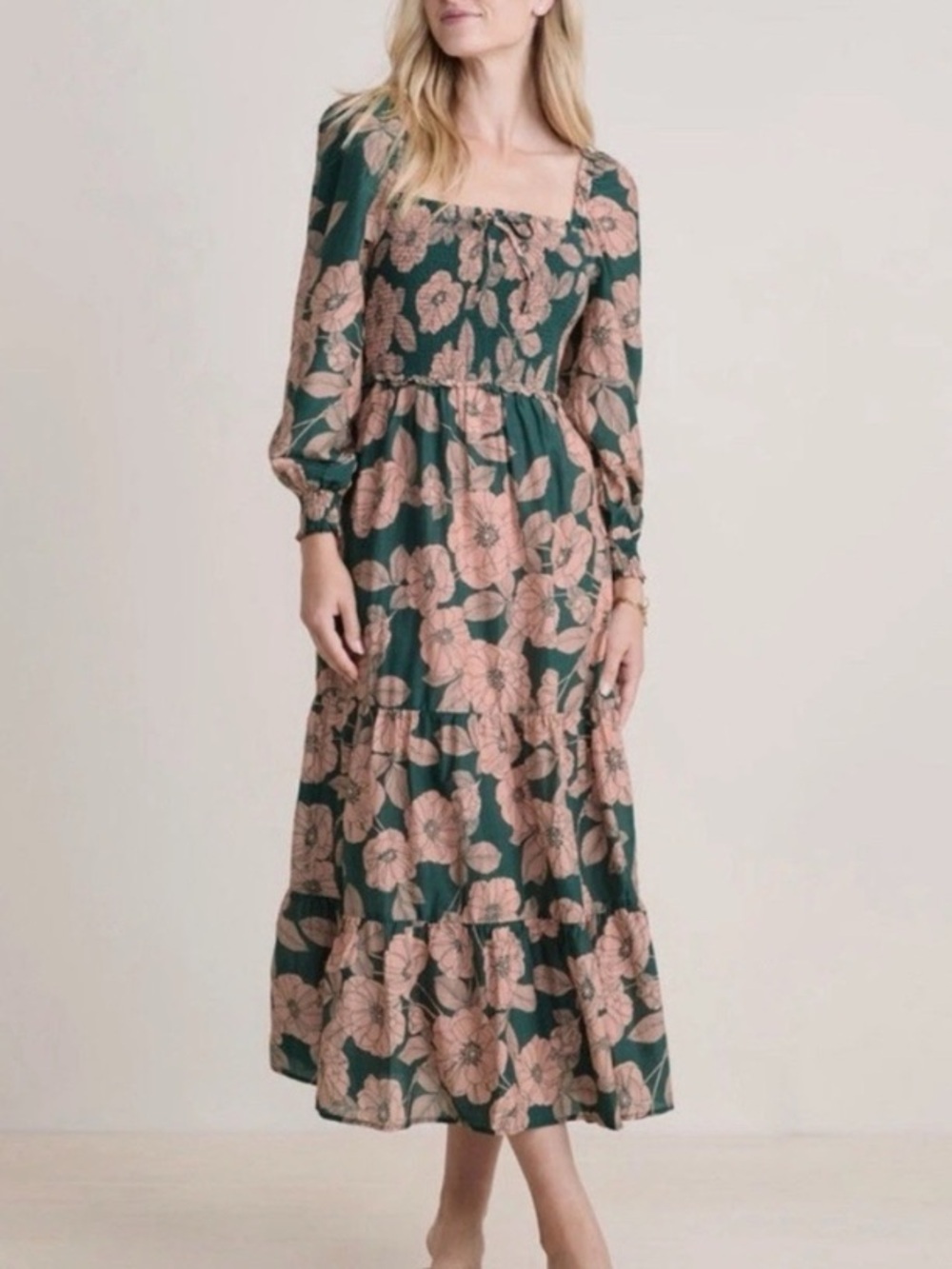 Vineyard Vines Warren Green & Pink Floral Smocked Midi Dress